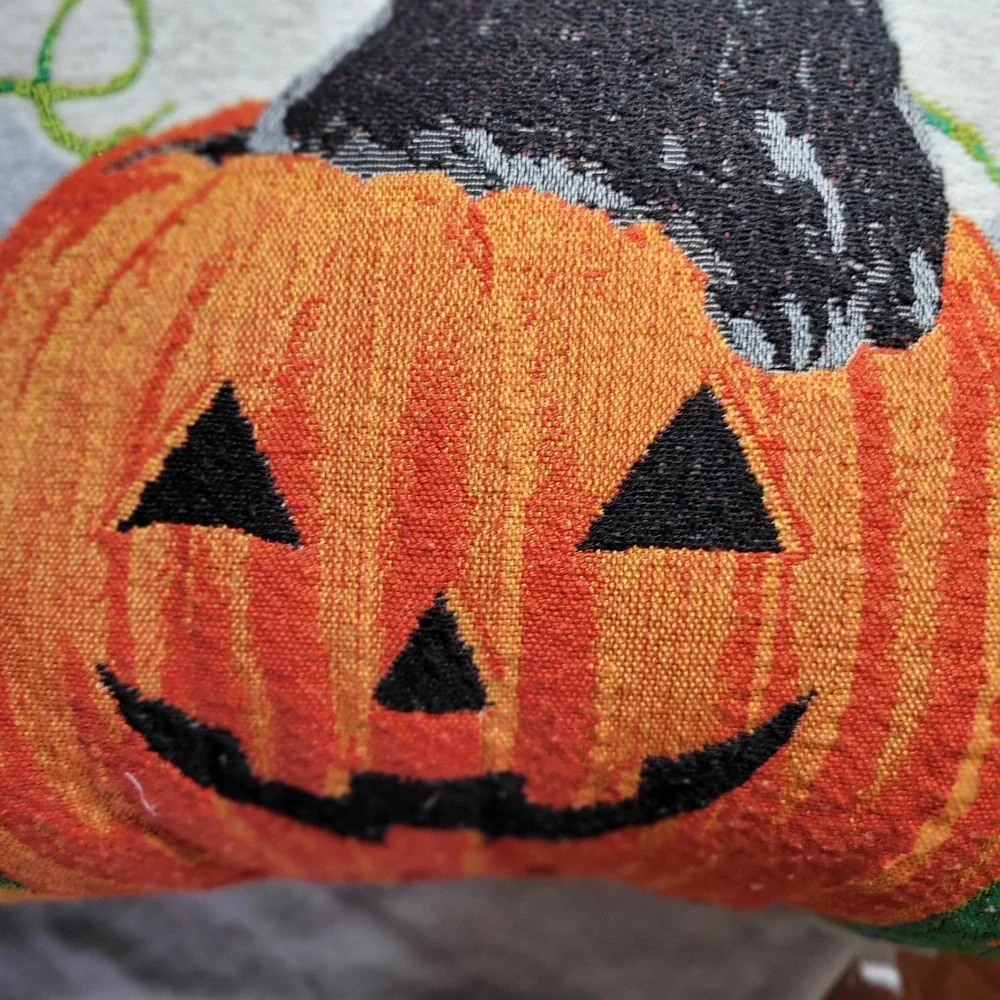 Halloween Black Cat Pumpkin Tapestry Throw Pillow Grey Back 16x16